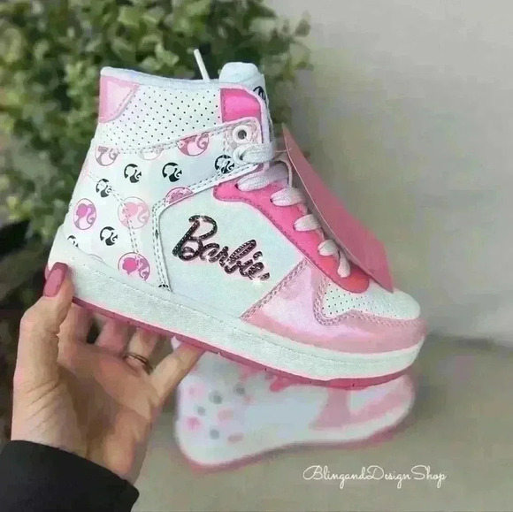 Bling Girls Barbie Pink High Top Sneakers Made with Black Crystals Girls Shoes - Picture 1 of 8